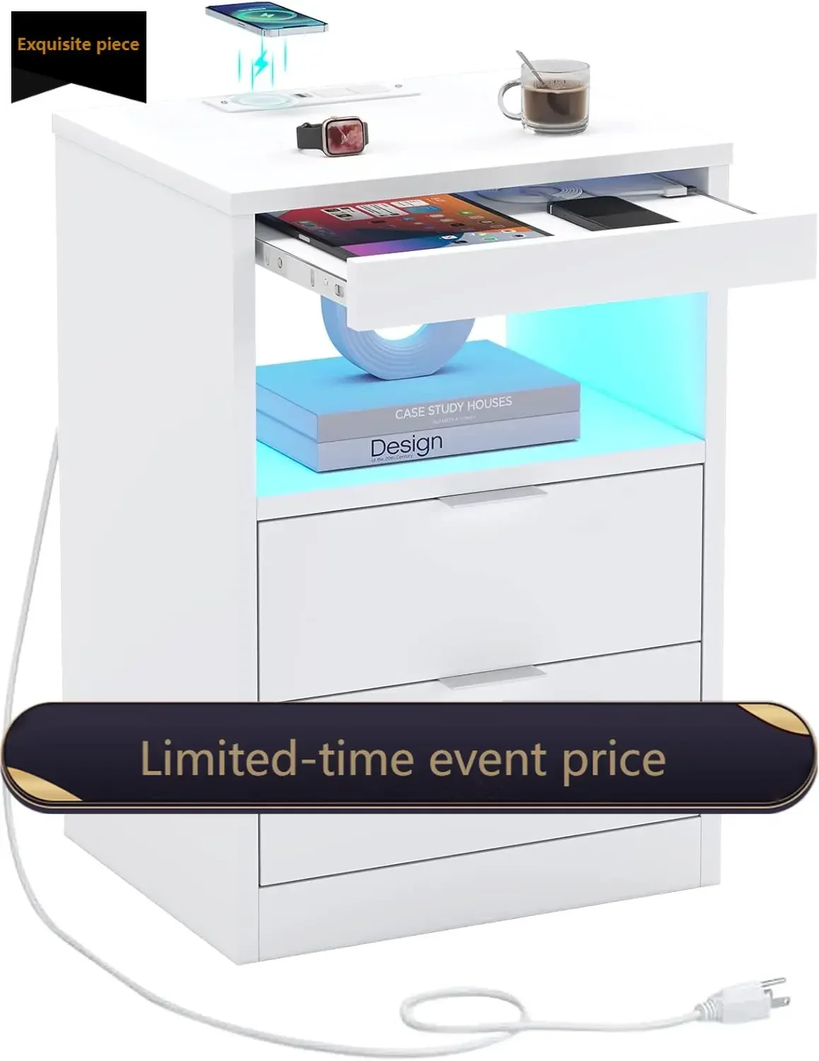 White Wooden Nightstand With Wireless Charging Led Lights Two Drawers Pull Out Shelf Modern Sofa Side Table