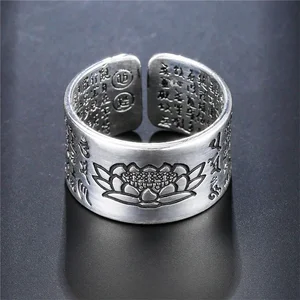 Bague bouddhiste argentée pour femmes, prière tibétaine en cuivre, mantra OM en cuivre, 7 chakras, bague porte-bonheur pour femmes. 8 meilleurs mantras de vente - No 2