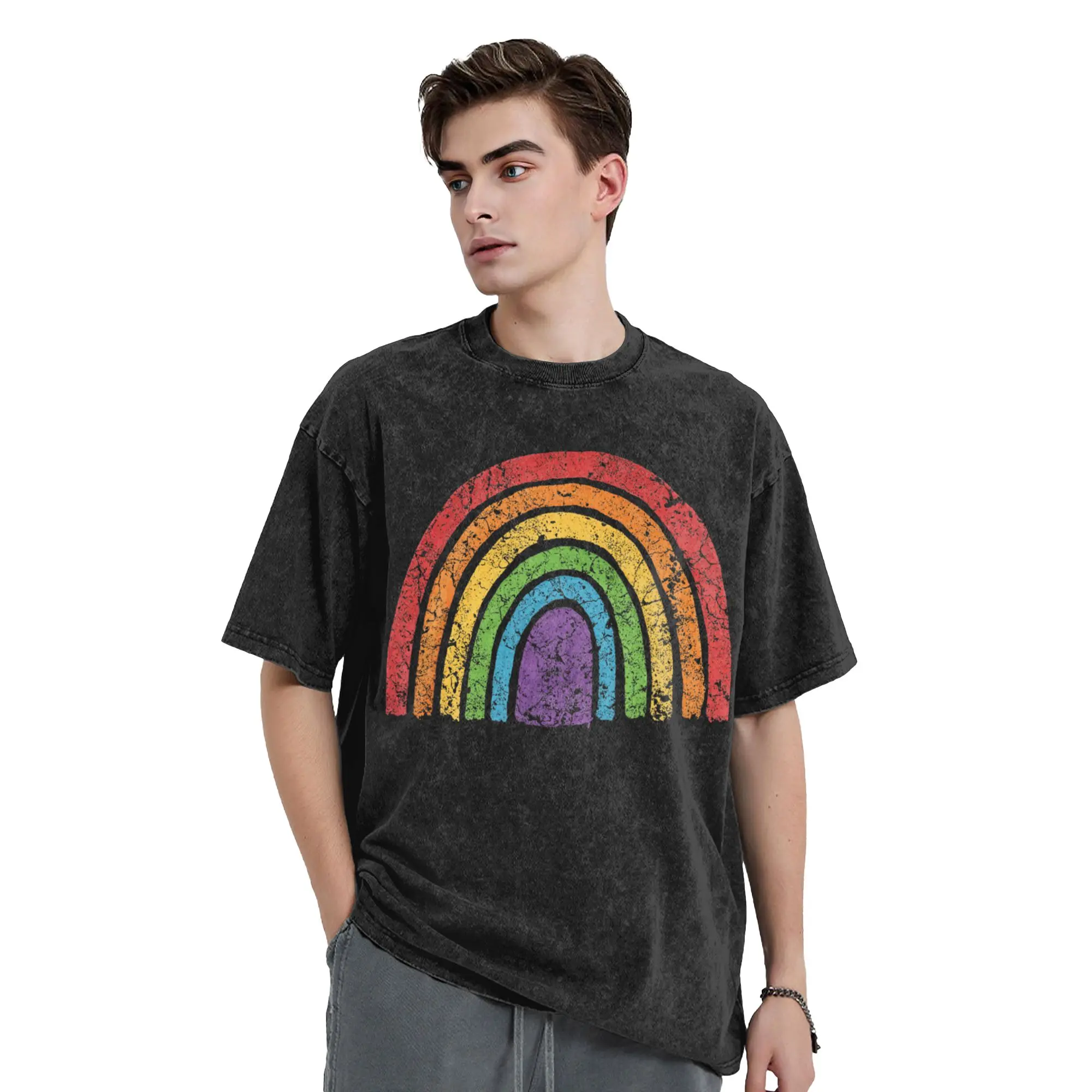 LGBTQ Rainbow T Shirts Hip Hop Washed Oversize T-Shirts Gay Pride LGBT Awareness Ally Vintage Men Women Tops Graphic Tee Shirt