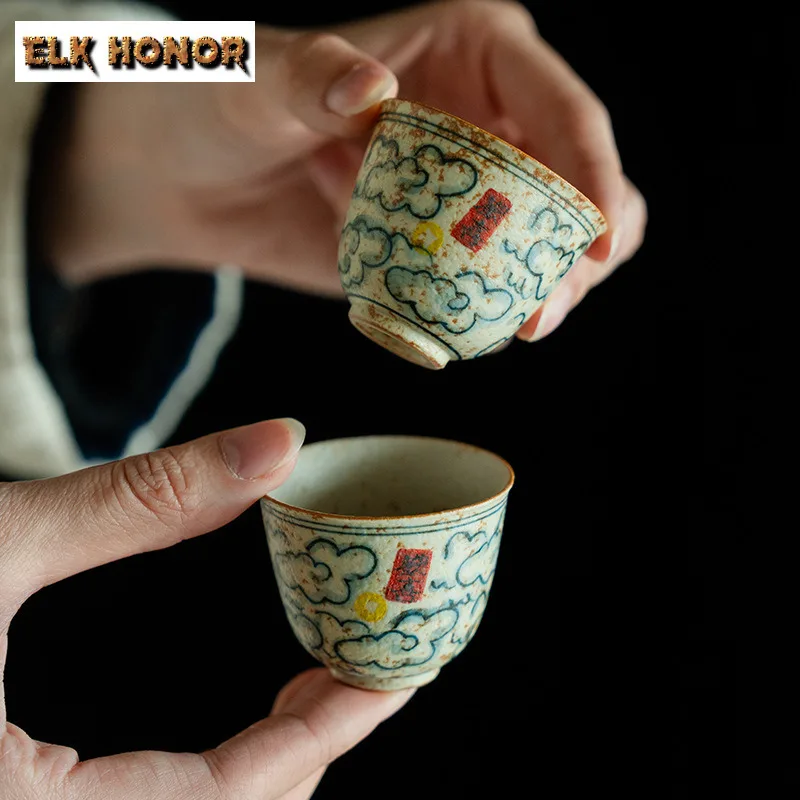 40ml Hand-painted Clouds Blue And White Flint Red Teacup Tea Bowl Tea Cup Tea-tasting Smelling Cup Jianzhan Master Cup Drinkware