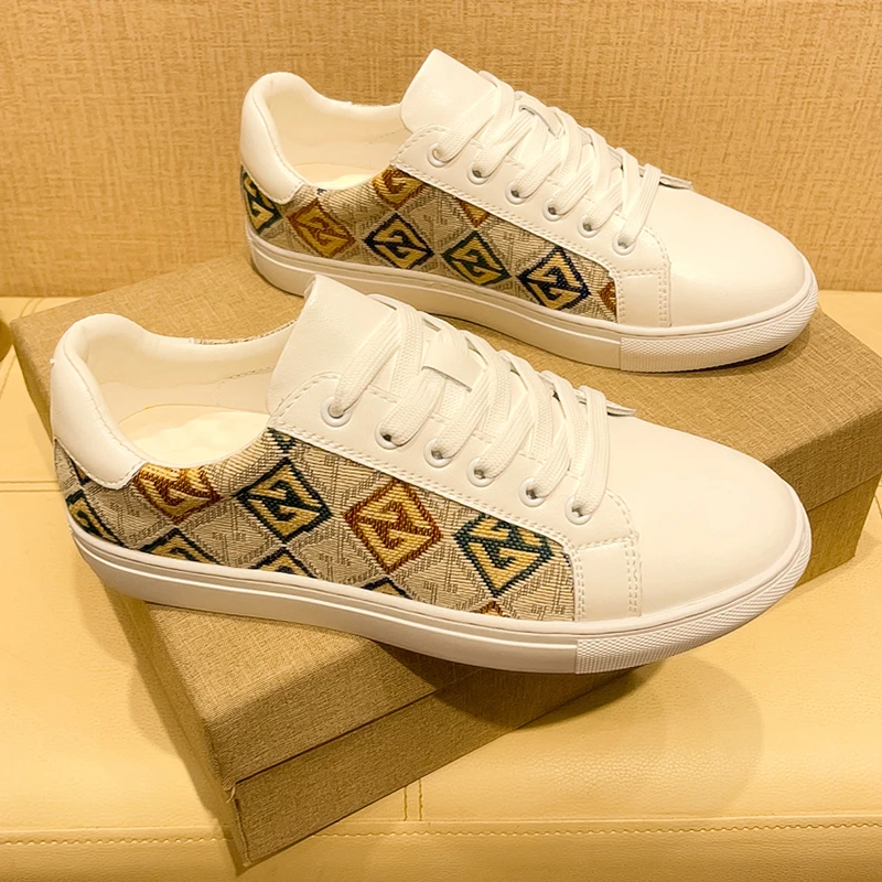 

Fashion Printed Men's Brands Sneakers Comfortable Leather Skateboard Shoes For Men Low Cut Flat Designer Shoes Man White Sneaker