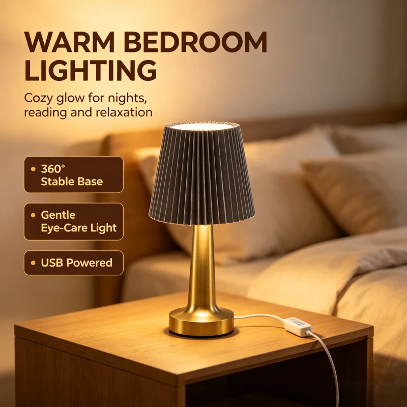 Cozy Warm Pleated USB Table Lamp Eye-Care Night Light Elegant Small Bedside Lighting for Bedroom Home Decor