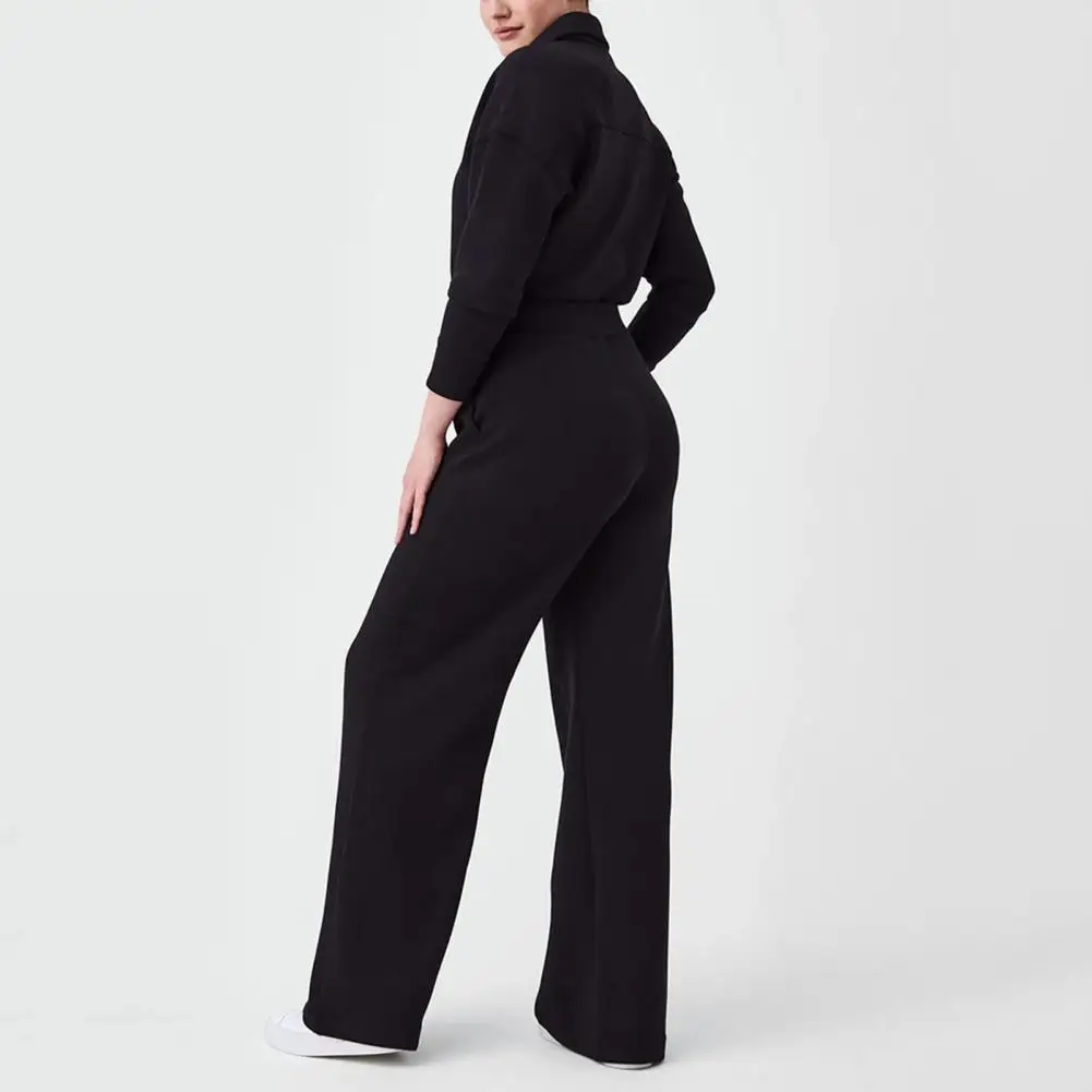 Elegant Women Winter Jumpsuit Lapel Zipper Solid Color Ninth Sleeve Wide Leg Thick Warm Full Length Jumpsuit