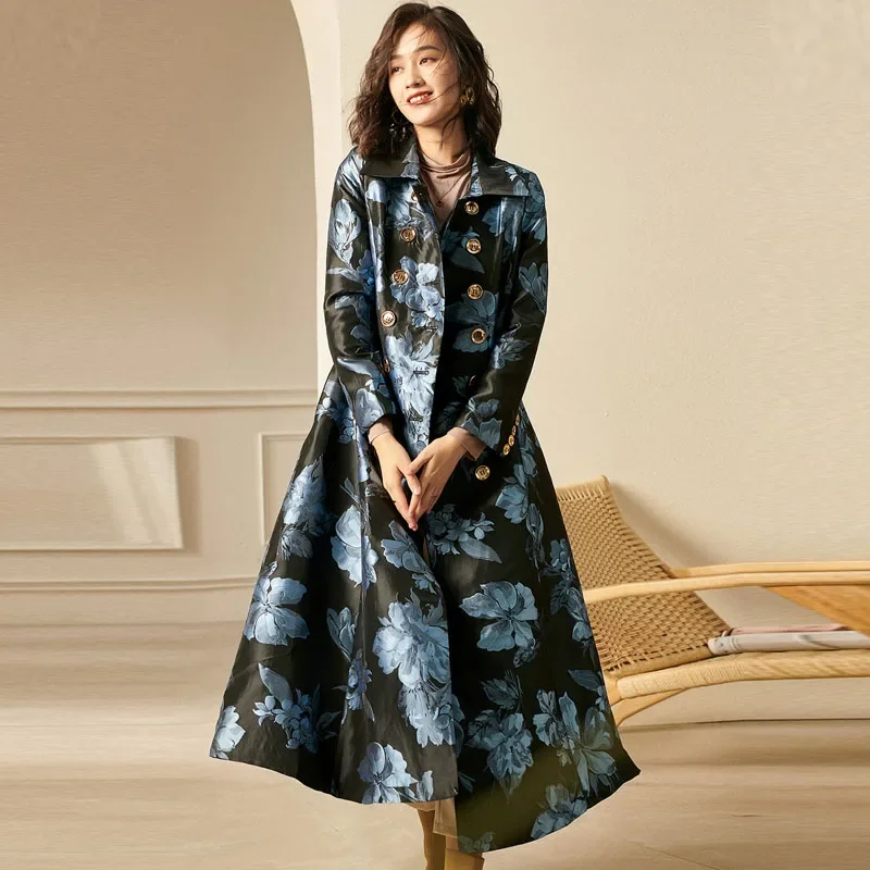 

Spring Autumn Women Clothes Double Breasted Dobby Blue Flower Trench Coat , Woman Female 3xl Floral Windbreaker Coats