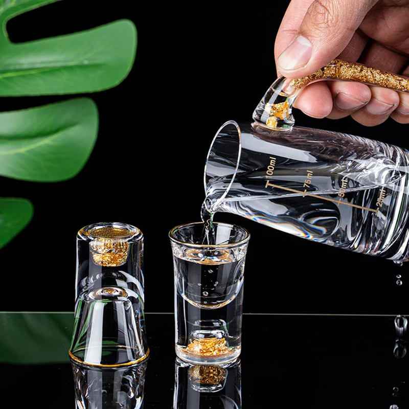 2/7pcs Crystal Glass Short Cup Gift Box Set Lead Free Liquor Glass With Wine Dispenser Golden Vodka Brandy Wine Glasses Soju Cup