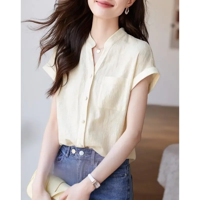 

Women V Neck Sleeveless Blouse Summer Jacquard Casual Loose Fit Lightweight Short Sleeve Shirt With Pocket