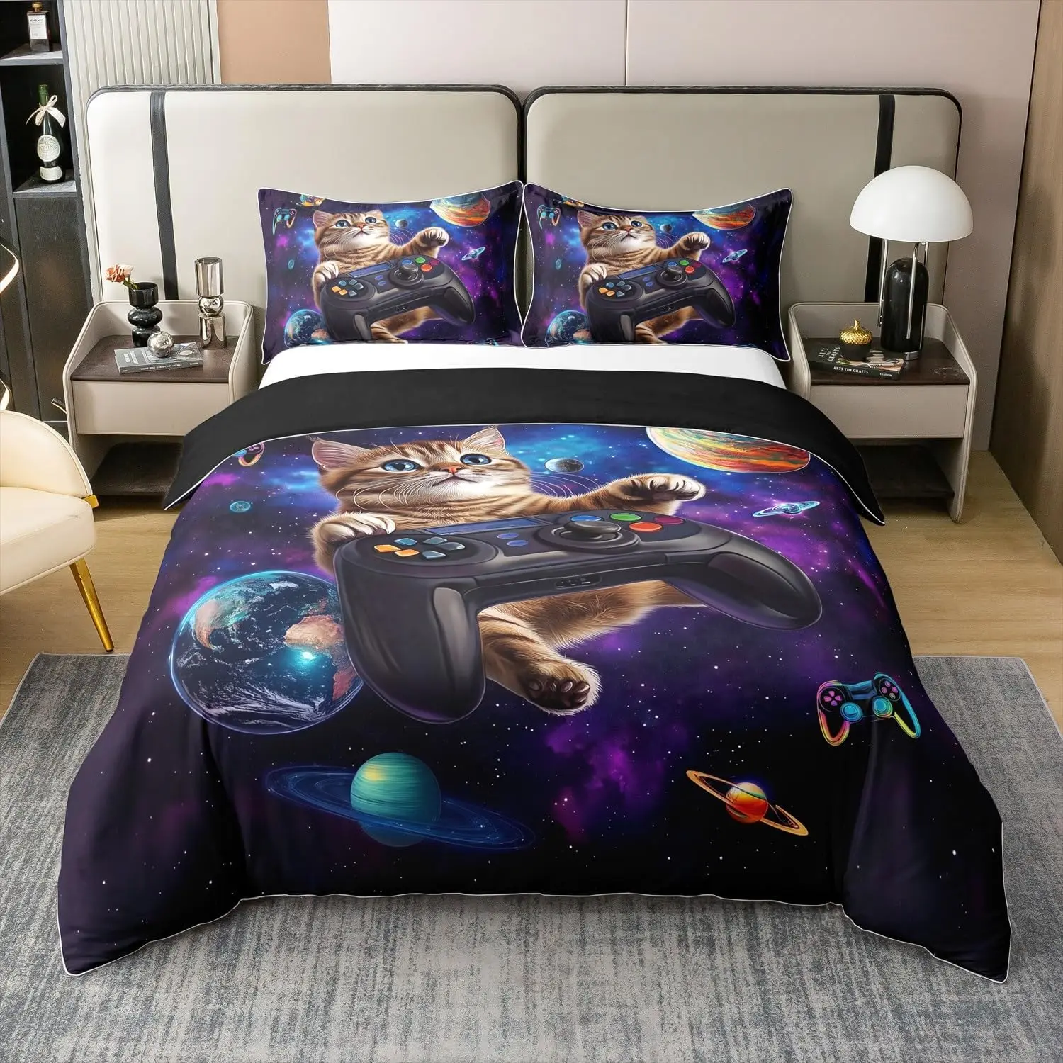 Cute Cat Gamepad Duvet Cover Set Purple Nebula Outer Space Planet Bedding Set with 1 Pillow Sham Cartoon Black Purple Single