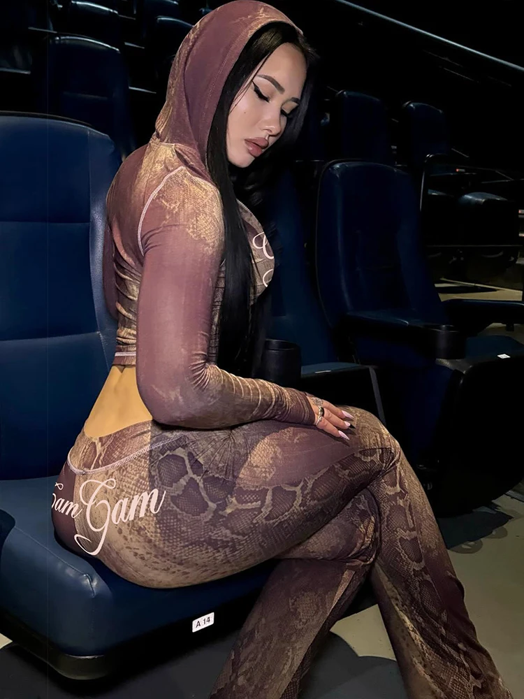 이상한 뱀 무늬 트랙수트 2피스 세트 여성용 레터 패치워크 지퍼 재킷+바지 매칭 캐주얼 스트레치 슬림 스트리트 의상