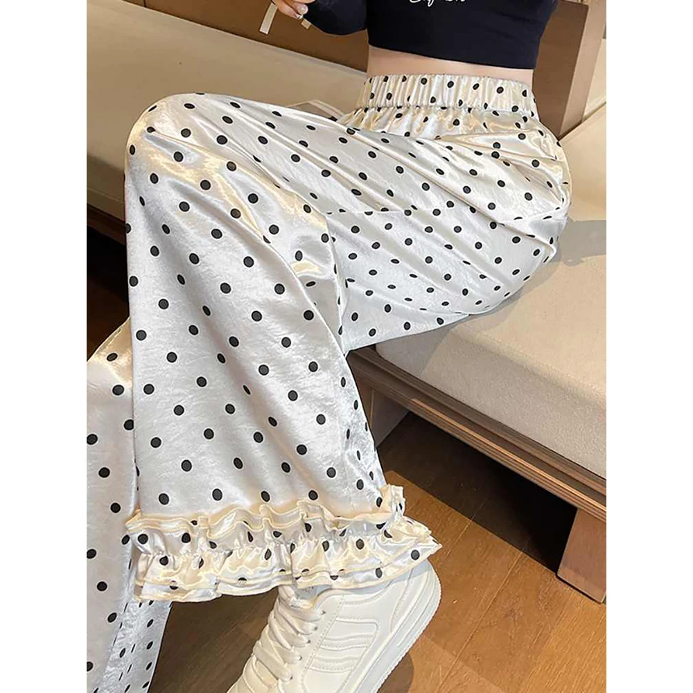 Casual Satin Polka Dot Wide Leg Pants for Women Oversize Ruffles Straight Loose Pants 2025 New Spring Elastic Waist Trousers