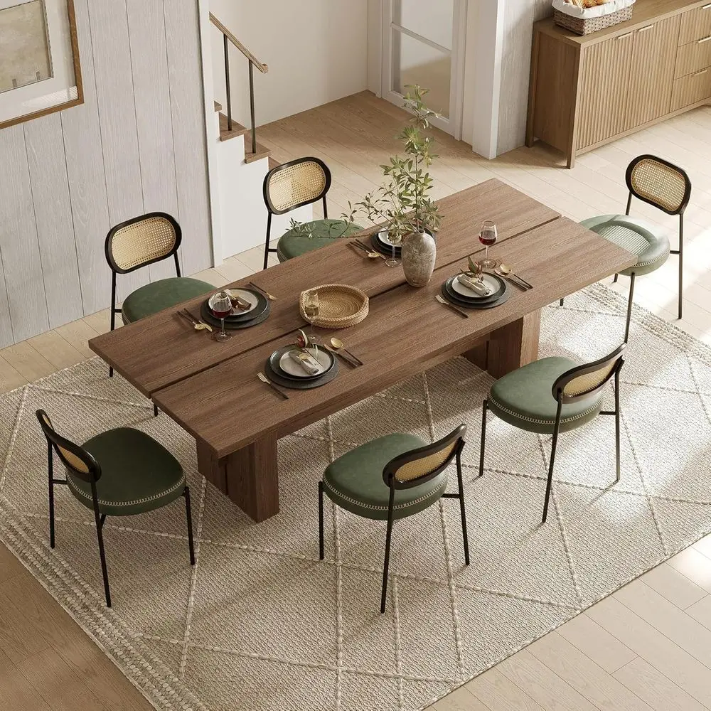 

Green Leather Rattan Back Dining Chairs Set of 6 with Black Metal Legs and D-Shaped Cushions