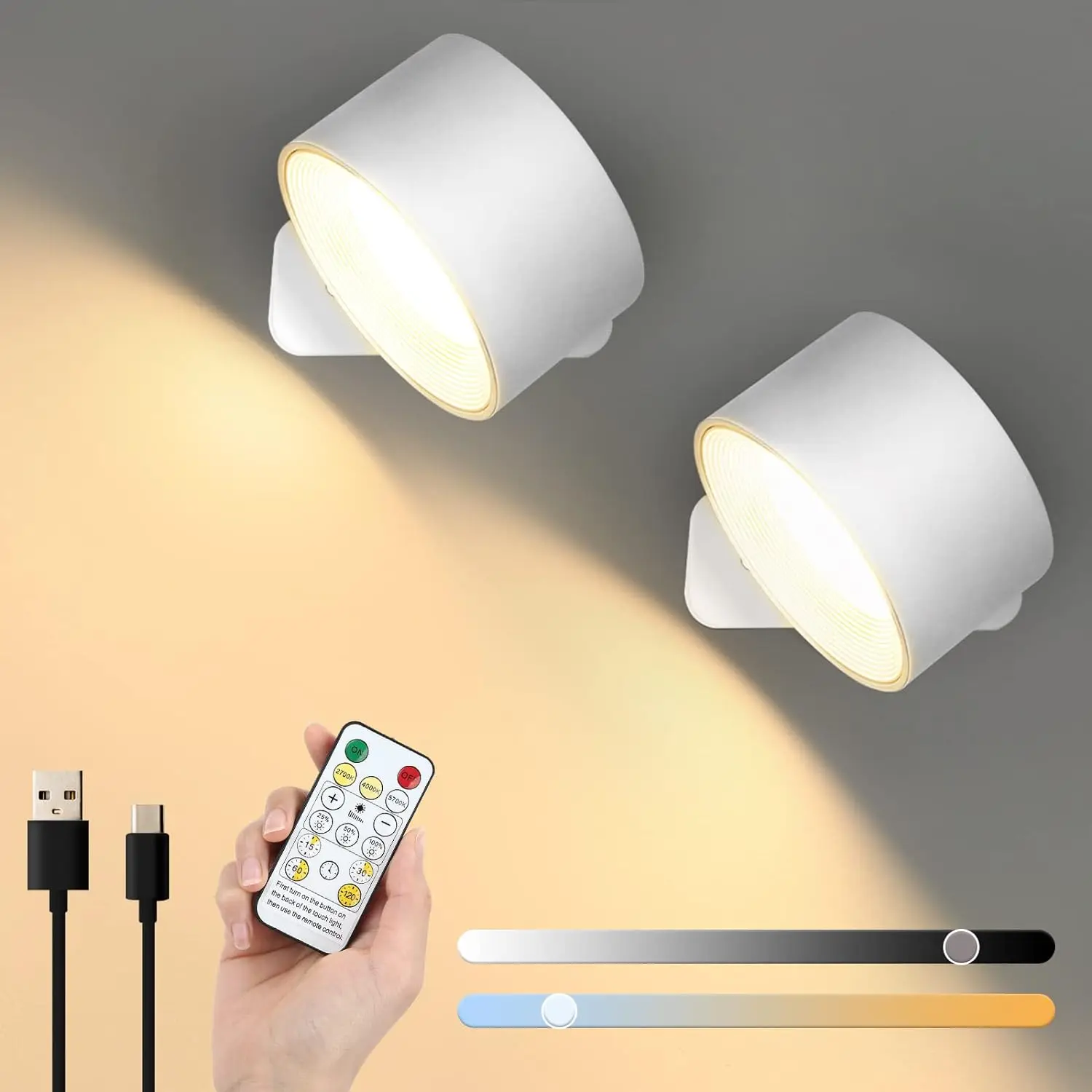 Lightess LED Wall Sconces, Wall Mounted Lamps with Rechargeable Battery Operated 2 Pack, 3 Brightness Level & 3 Color