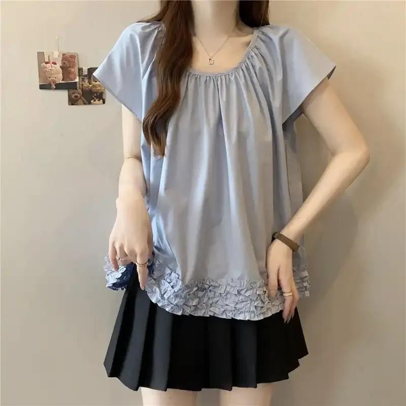 

Soft Blue Ruffled Hem T-Shirt For Women Casual Sweet Style Summer Loose Fit Round Neck Short Sleeve Top