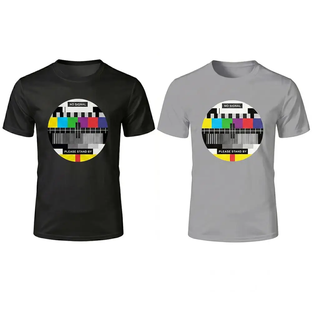 Men's No Signal TV Test Card Print T-shirt Funny Graphic Tees For Daily Wear Retro 90s Style Casual Short Sleeve Streetwear