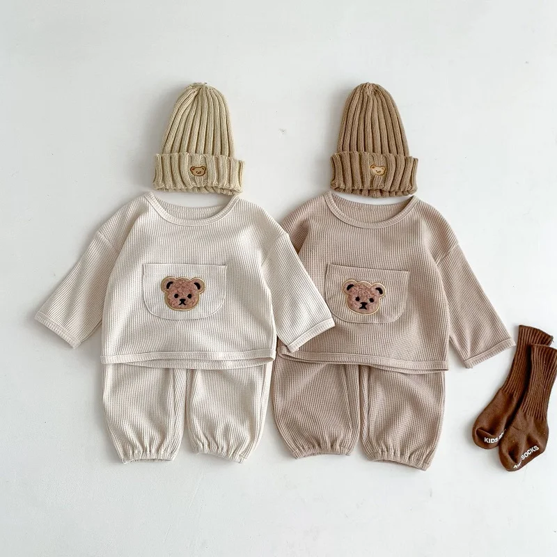 

Baby Clothing Spring and Autumn Season Boys' Waffle Pocket Little Bear Top+Pants Set Girls' Baby Long Sleeve Pants Set