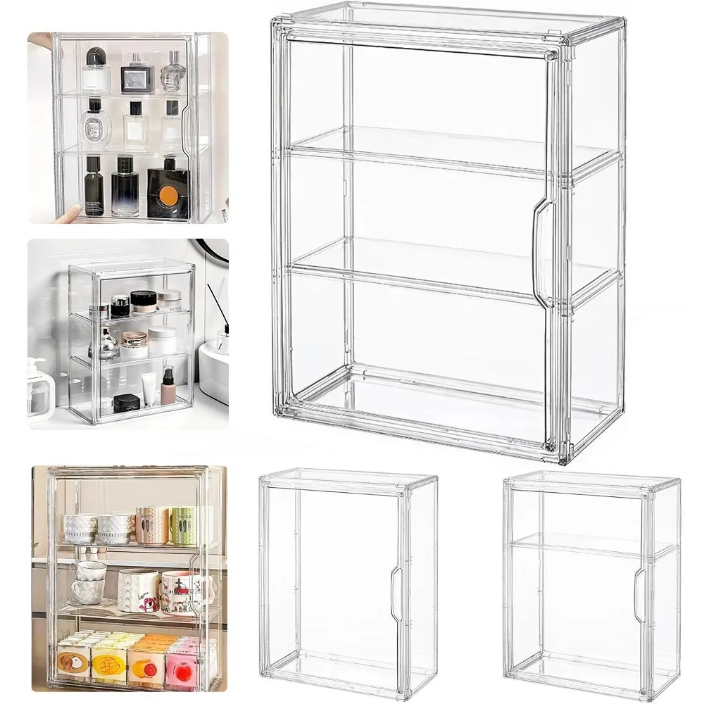 Vitrine transparente à 3 niveaux pour cosmétiques, boîte de rangement, meuble de présentation empilable avec étagères amovibles, vitrine pour cosmétiques et parfums