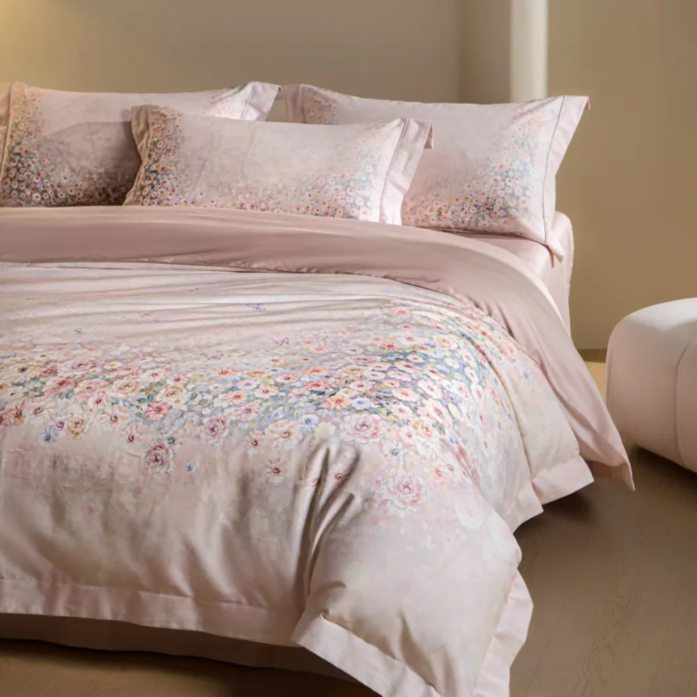 Pure Cotton Flower Printing Four-piece Set Wide-edge Flat/Fitted Bed Sheet Quilt Cover Pillowcases Bedding Set Home Textiles 5