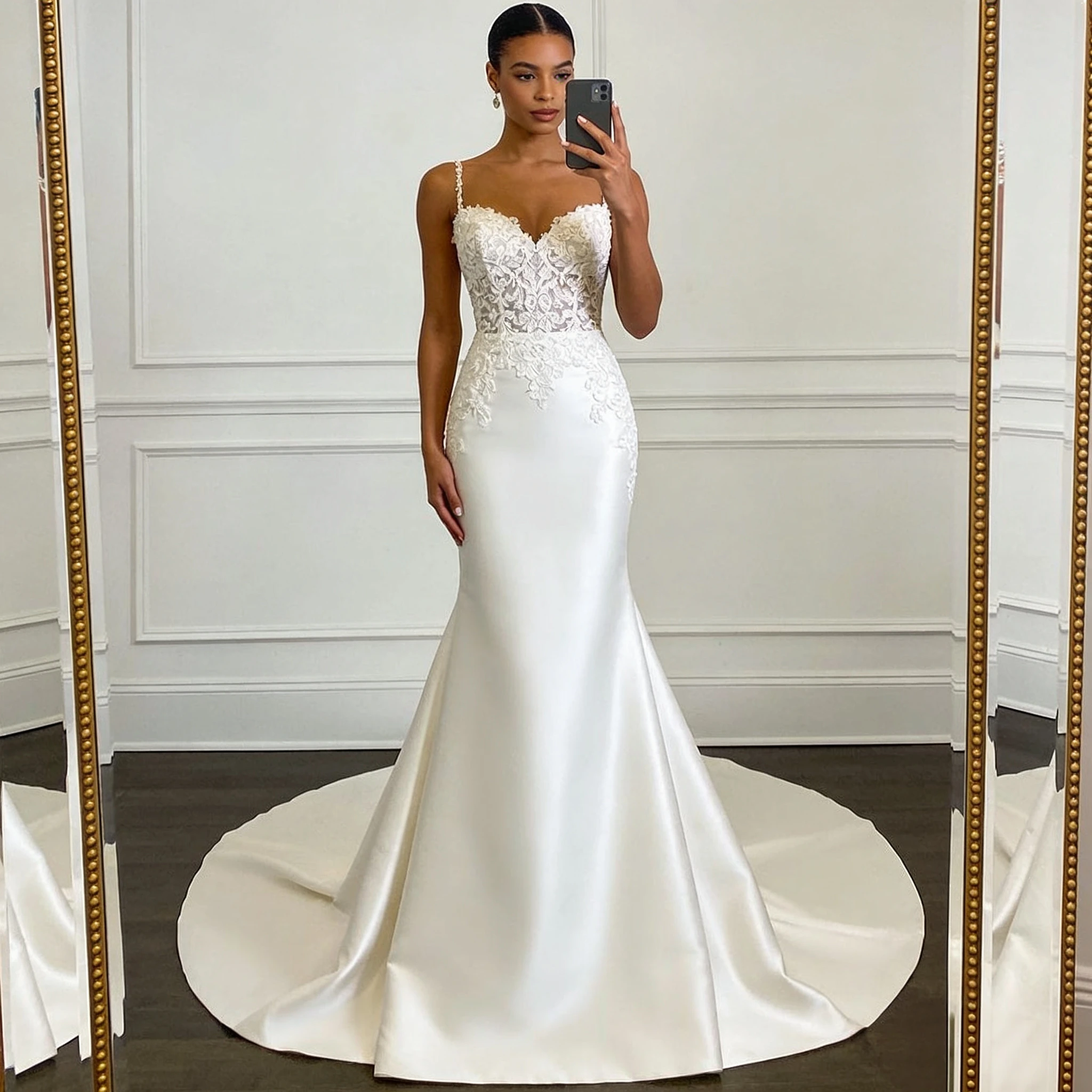 GIOIO Spaghetti Straps Mermaid Bridal Dress Sexy V Neck Lace Applique Satin Wedding Gowns for Women Custom Made Vestidos 2026