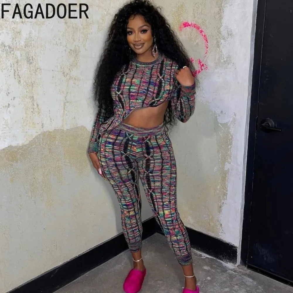 FAGADOER Casual Multicolour Knitting Skinny Pants Two Piece Sets Women Round Neck Long Sleeve Crop Top And Pants Outfits 2024