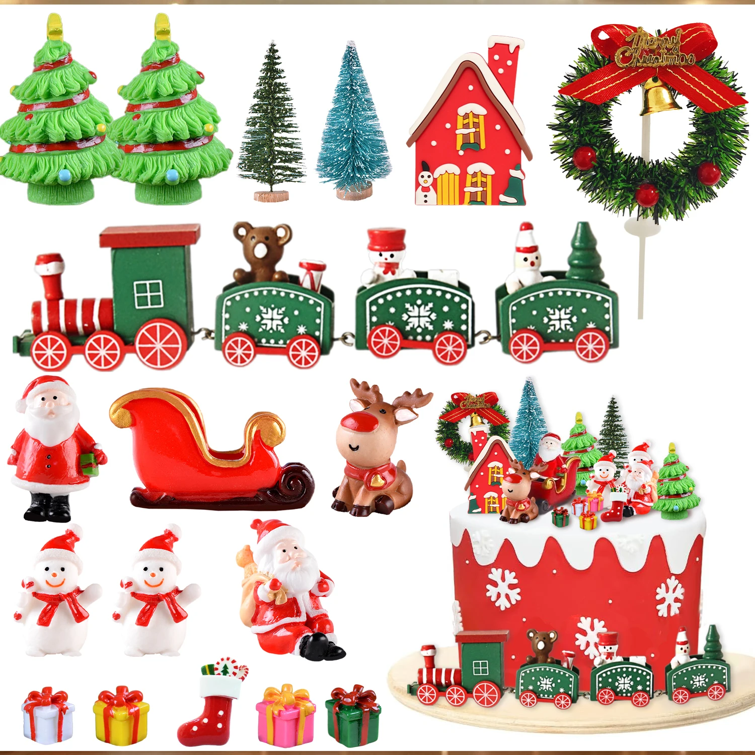 18 stücke Weihnachten Kuchen Dekoration Frohe Weihnachten Kuchen Topper Party Kuchen Liefert Mit Zug Weihnachten Baum Santa Schlitten Rentier