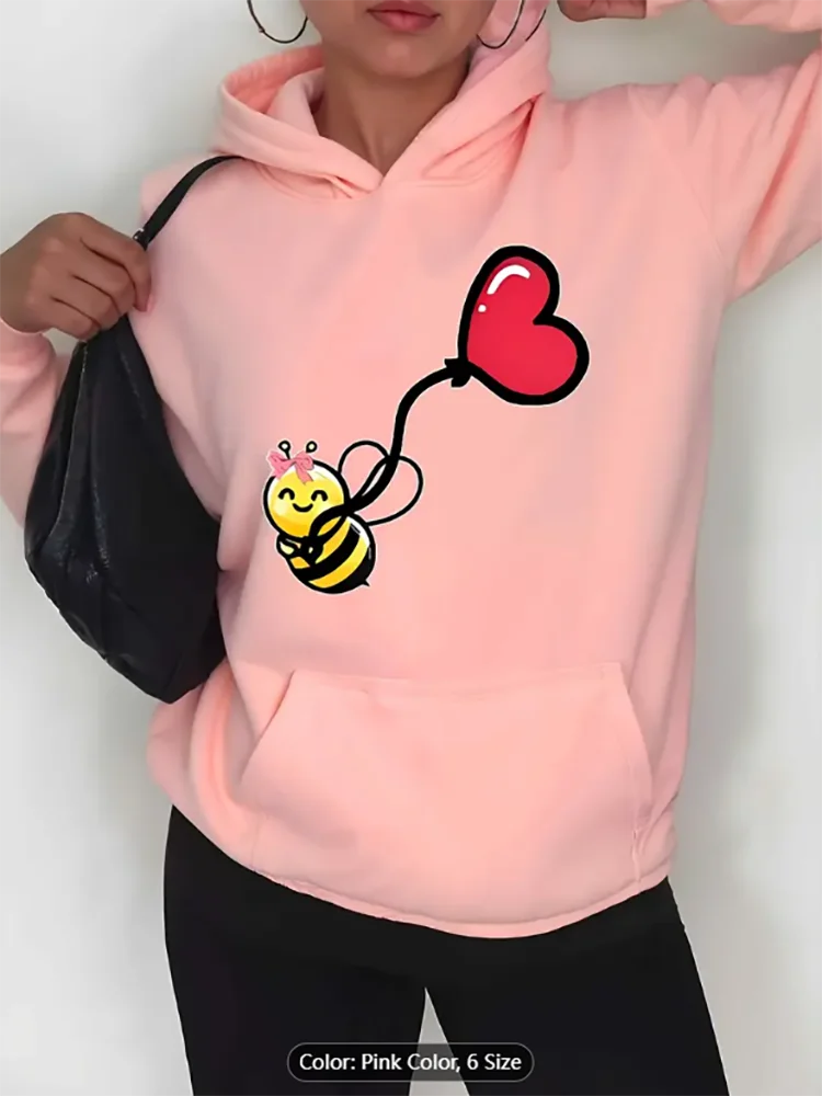 

Женская толстовка на флисовой подкладке с принтом сердца и пчелы, повседневный пуловер с карманами, всесезонный комфорт, игривый дизайн, чистый хлопок