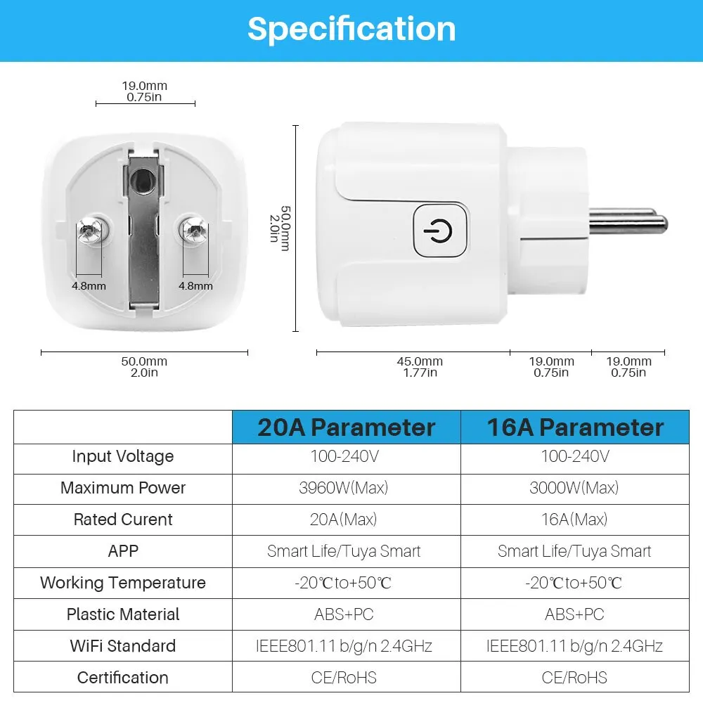 Enchufe inteligente con WiFi para la UE, dispositivo con función de sincronización de monitoreo de energía, Control por voz, compatible con Alexa y Google, Tuya, 16A, 20A