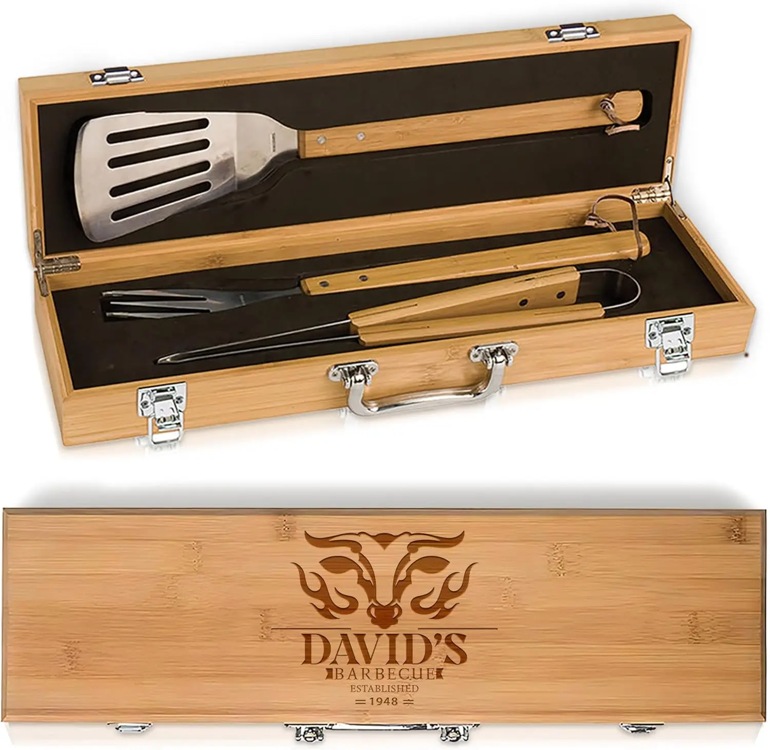 

The Flame - Personalized Bbq Tool Set - 3 Utensils + Bamboo Box - Bbq Grilling Accessories - Grill Gifts For Him, Men, Dad,