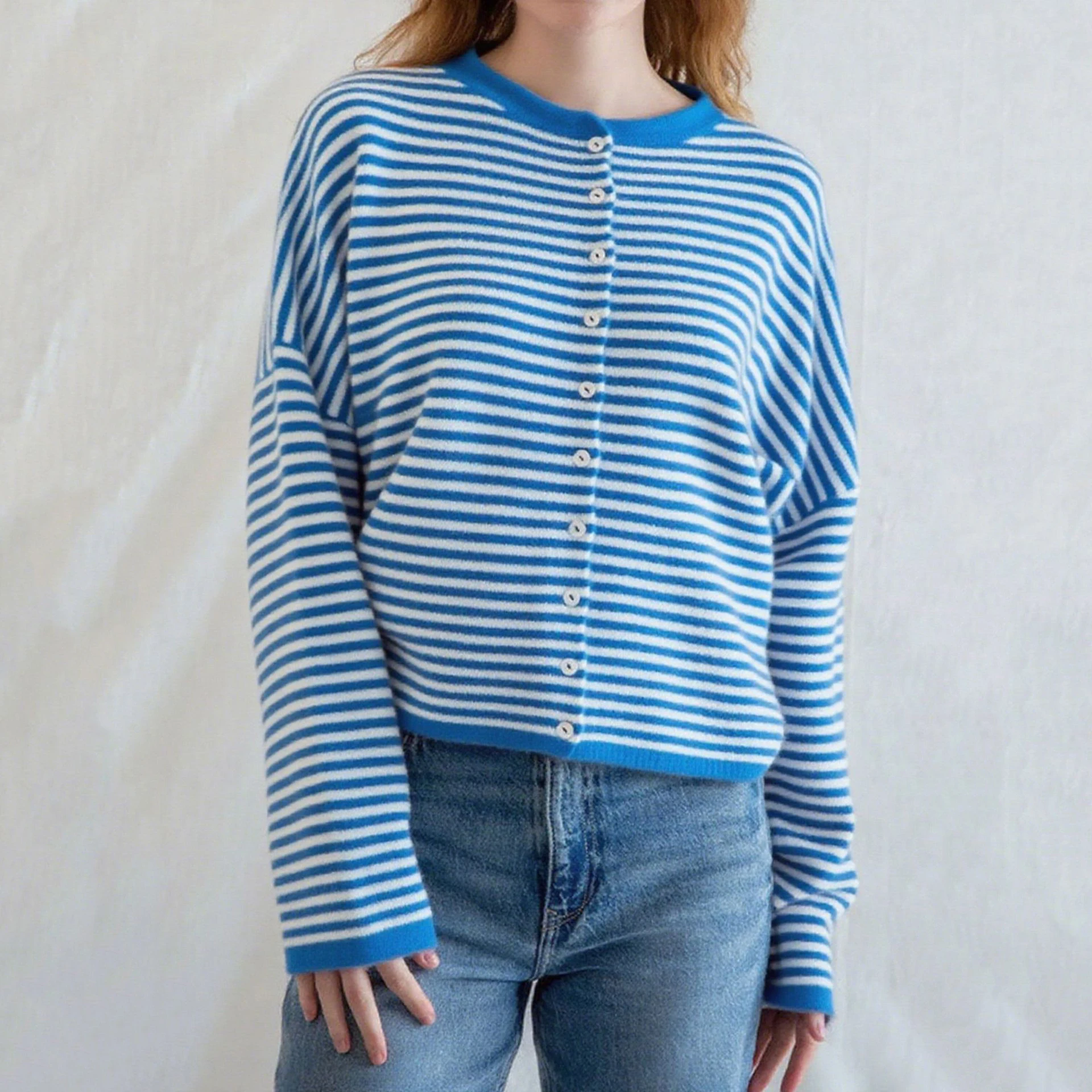 Mode Gestrickte Stripped Strickjacke Frauen Herbst Casual Pullover Einreiher Rundhals Dame Kurze Strickjacke Weibliche Strickwaren Top