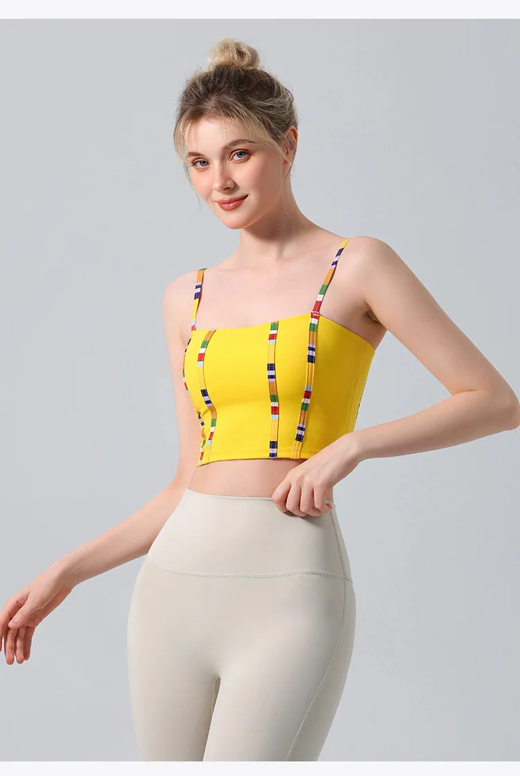 Fashion Young Women Yoga Colored Thread Splicing With Chest Pad Tank Top Breathable SoftCrop Tops Sports Workout Fitness  Vest
