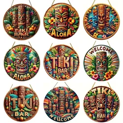 Hawaiian Tiki Mask Bar Sign, Round Wood Art Decoration for Home, Garage, Cafe, Restaurant, Bar, BBQ, Beach, Resort Decoration