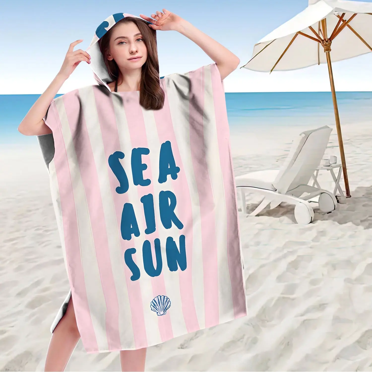 

Пончо-полотенце для серфинга "SEA AIR SUN", 1 шт., полиэстеровый пляжный халат с капюшоном, розово-белый полосатый принт, для взрослых и детей