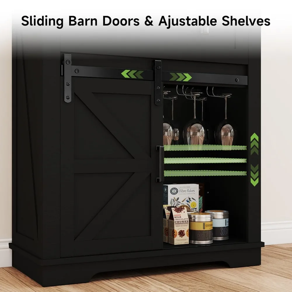 Coffee Bar Cabinet, Farmhouse Sideboard Buffet Cabinets with Storage, Wine Glass Rack, Sliding Barn Door, Customized