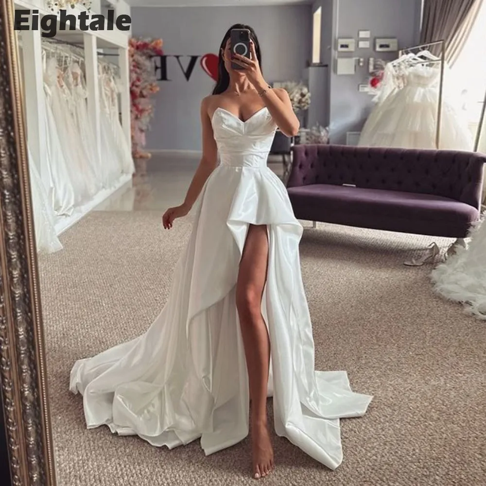 Eightale High Low Wedding Dress Customized Sweetheart Satin White Ivory Short Front Long Back Bridal Gown Vestido De Noiva