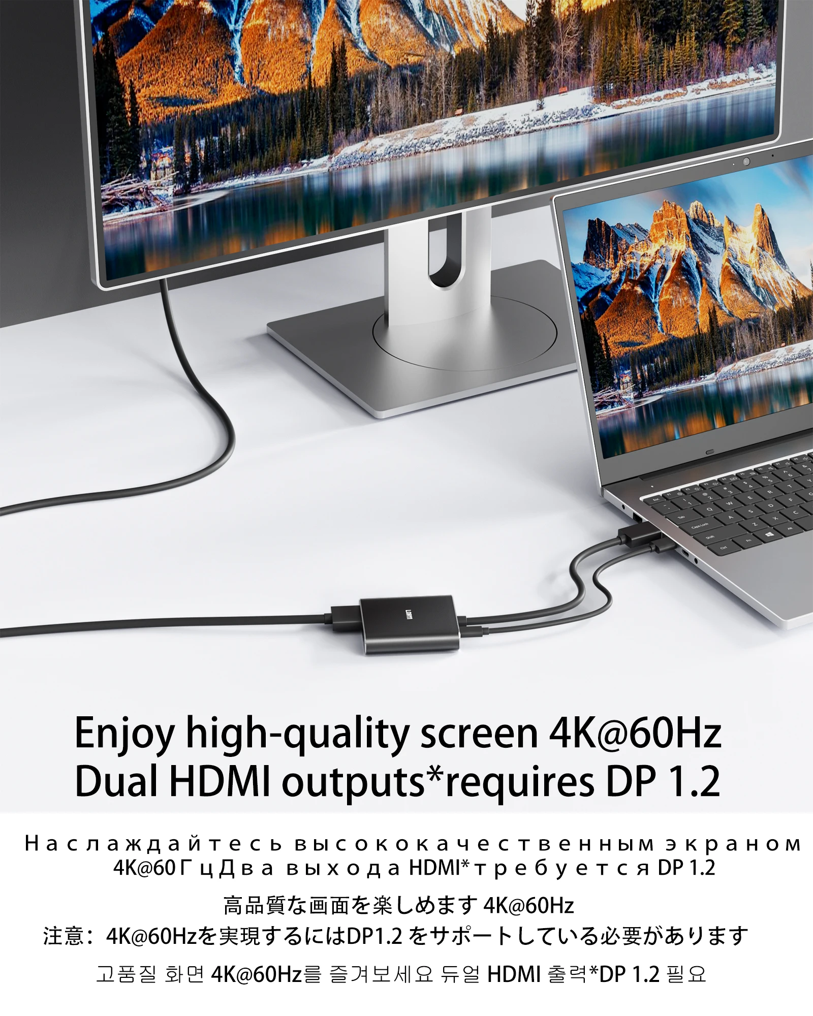 Displayport to Dual HDMI Splitter 4K@60Hz DP To Dual HDMI Adapter For 2 Monitors For PC Laptop Windows MST Extended Mode