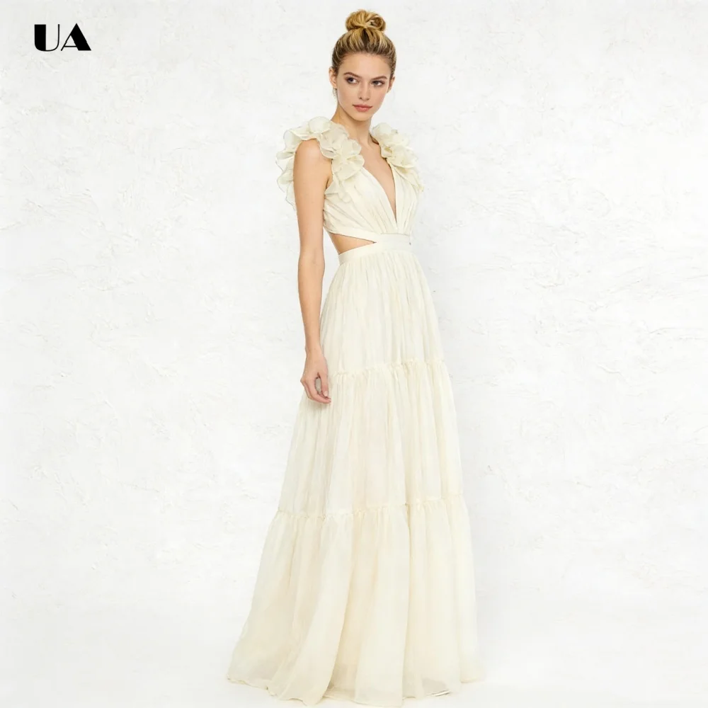 Vestido de fiesta de corte a a a la moda con mangas con volantes, vestidos de noche de gasa lisos con cuello en V para mujer, vestido de fiesta plisado personalizado