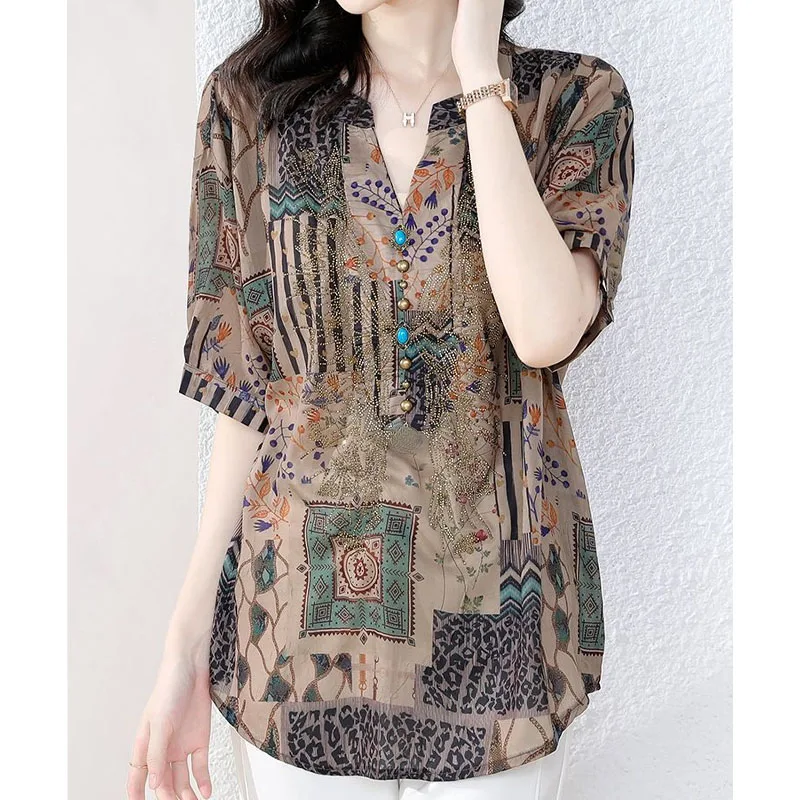 Vintage Casual Printing V-Neck Shirt for Women Summer Loose All-match Short Sleeve Diamonds Spliced Blouse Women\'s Clothing