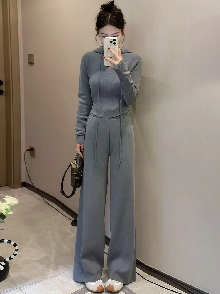 

Slimming Effect 2025 Autumn Faion Women's High Waist Wide Leg Pants Hoodie Loose Fit Two Piece Set Casual Sle Cotton Blend
