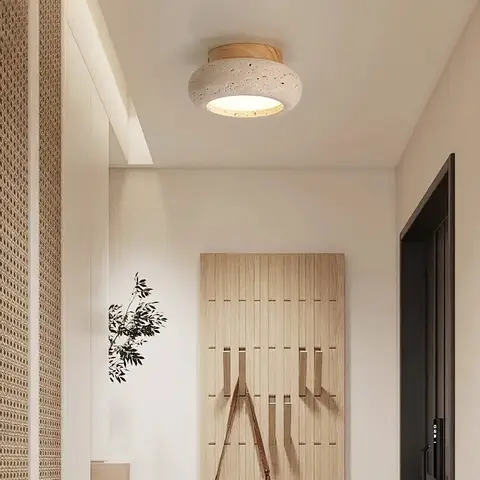 Nordic Modern Simple Ellipse Natural Yellow Travertine Ceiling Lamp Lamparas De Techo Wood Canopy LED Ceiling Light Fixture