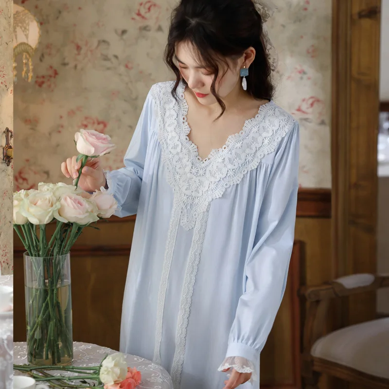 Spring Autumn Night Wears For Women Long Dress Casual V Neck Long-Sleeve Nightdress Loose Cotton Nightgowns Female Vestidos