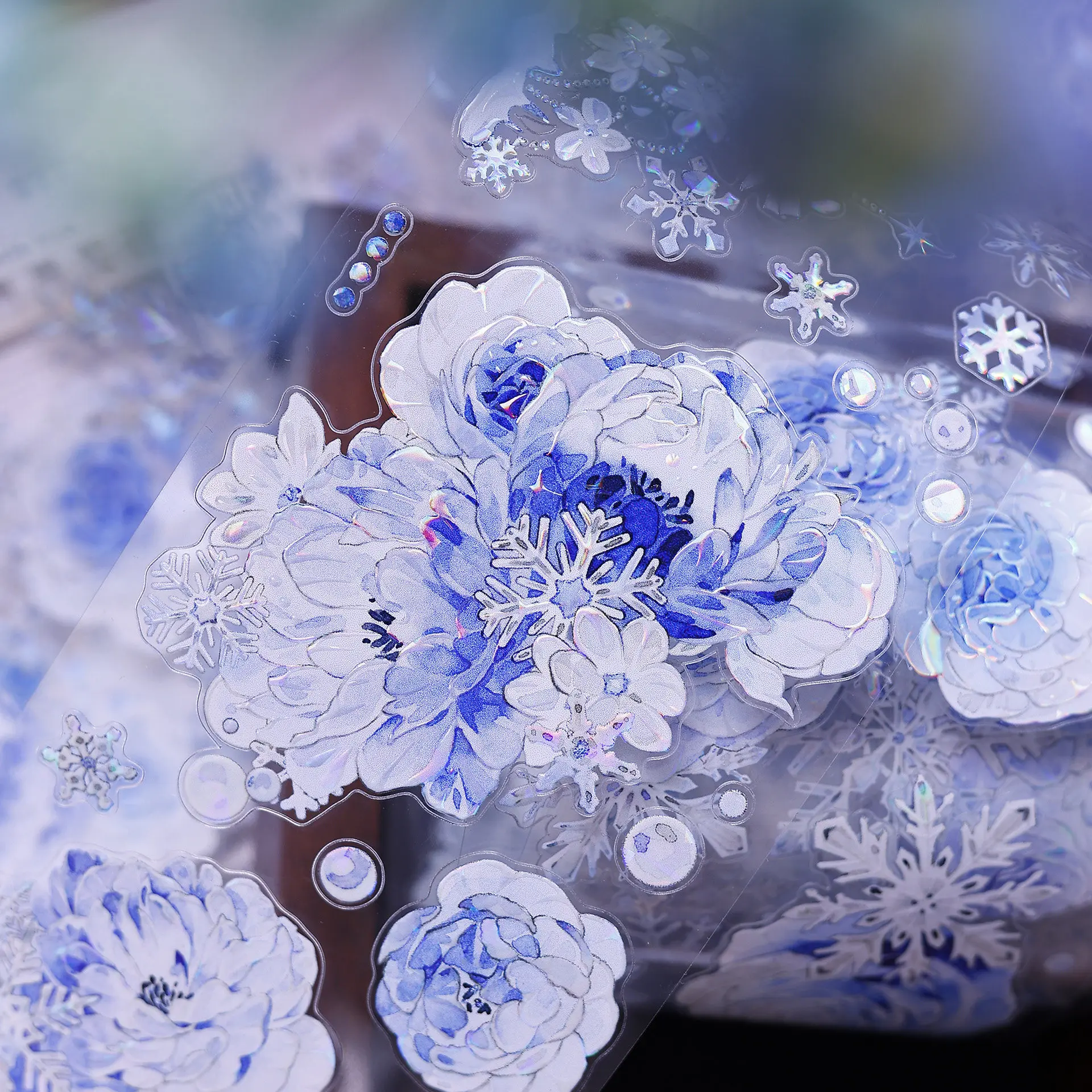Snow Blue Washi Pet Tape Roll Xiaobaijia DIY Journal Scrapbook Reflecting Retro Fresh Snowflake Shiny Pre Cut Journal
