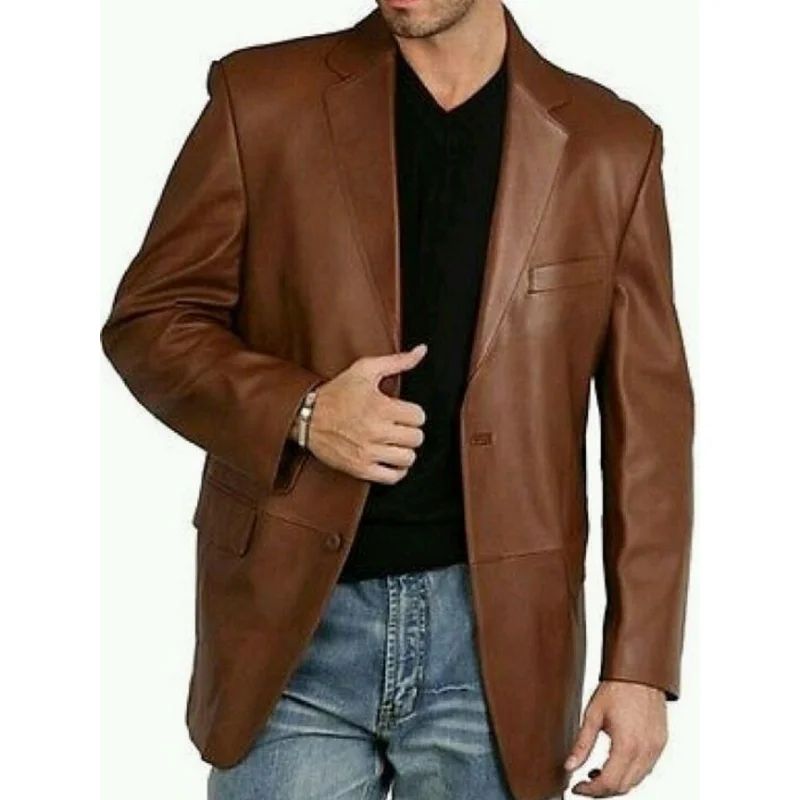 Men Sheepskin Leather Blazer Jacket TWO BUTTON Brown Leather Coat