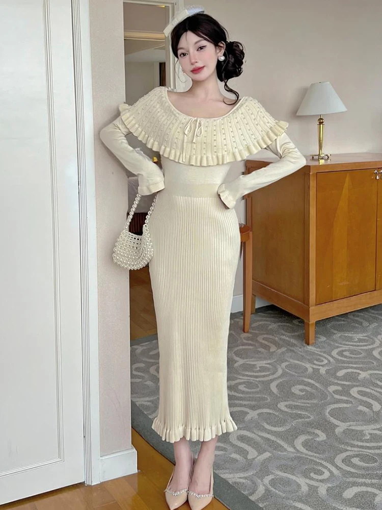 Vrouwen gebreide off-shoulder ruche lange mouw bodycon maxi lange jurk zoete elegante partij casual gewaad vestidos dame straatkleding