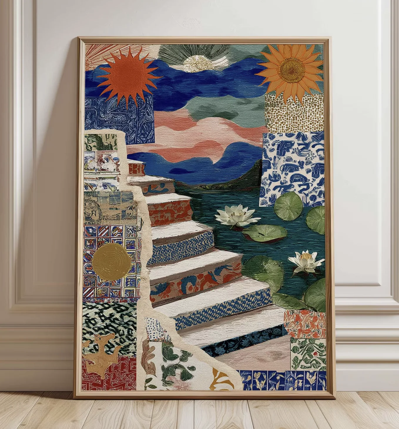Impresión en Lienzo de Loto con Estilo Boho, Impresión Floral de Técnica Mixta, Decoración para Sala de Estar, Dormitorio, Entrada, Póster para Casa de Campo