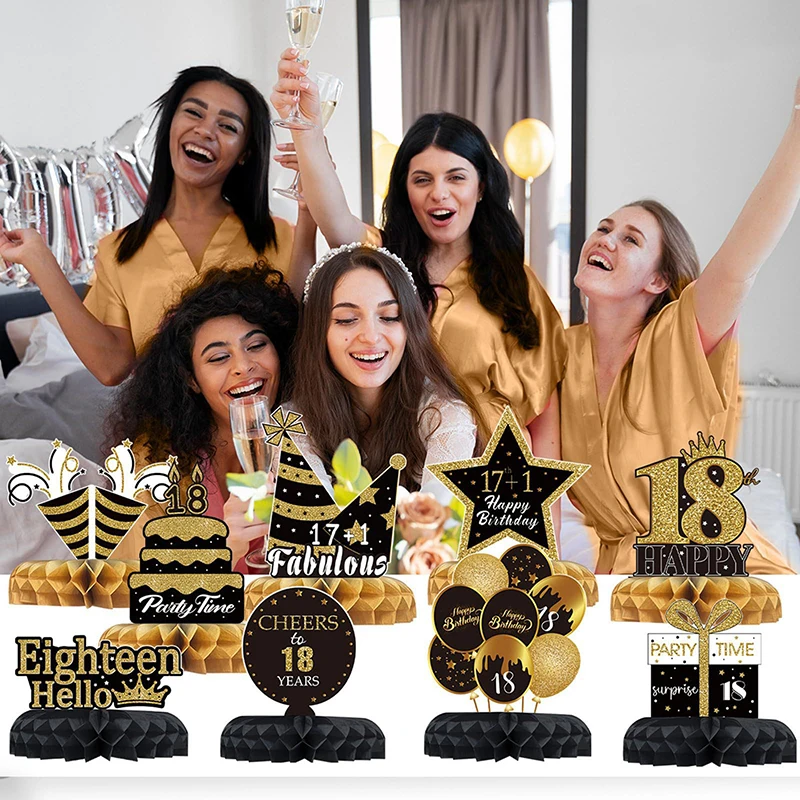 9 Stück Schwarzgold 18/21/30/40/50/60th Happy Birthday Desktop Wabenornamente Foto Requisiten für Happy Birthday Party Decor – Detail 6
