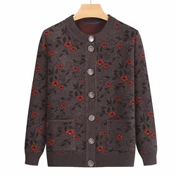 Casual Retro Printed Middle Aged Mother Knitwears Jacket New Buttons Cardigans For Woman Spring Autumn Knitting Sweater Coat