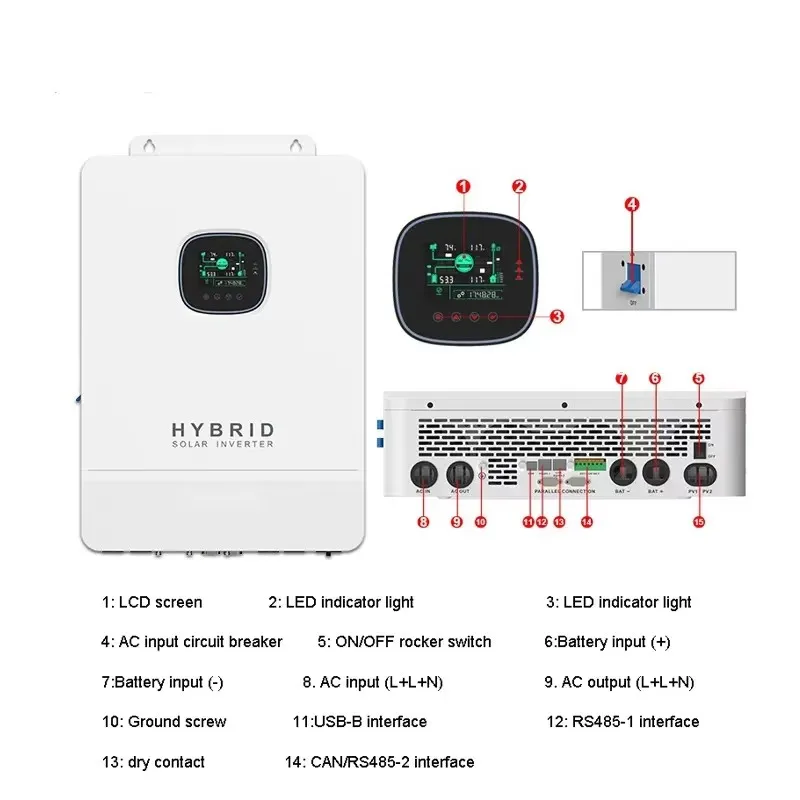 Hybrid Solar Inverter 5KW 8KW 10KW Single Output Split Phase 48V Compatible Lithium Battery 60Hz Pure Sine Wave MPPT 97.1%
