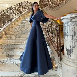 Bella Customized Navy Blue A-line With a Shawl robes de soirée Satin Evening Dresses Floor-Length Prom Party Wedding Dress 2024