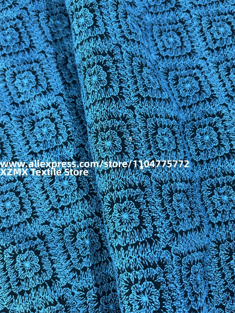 Blue Floral Embroidered Thick Linen Cotton Fabric Flower Motif Cloth for Apparel Making & Home Decor DIY Handcraft