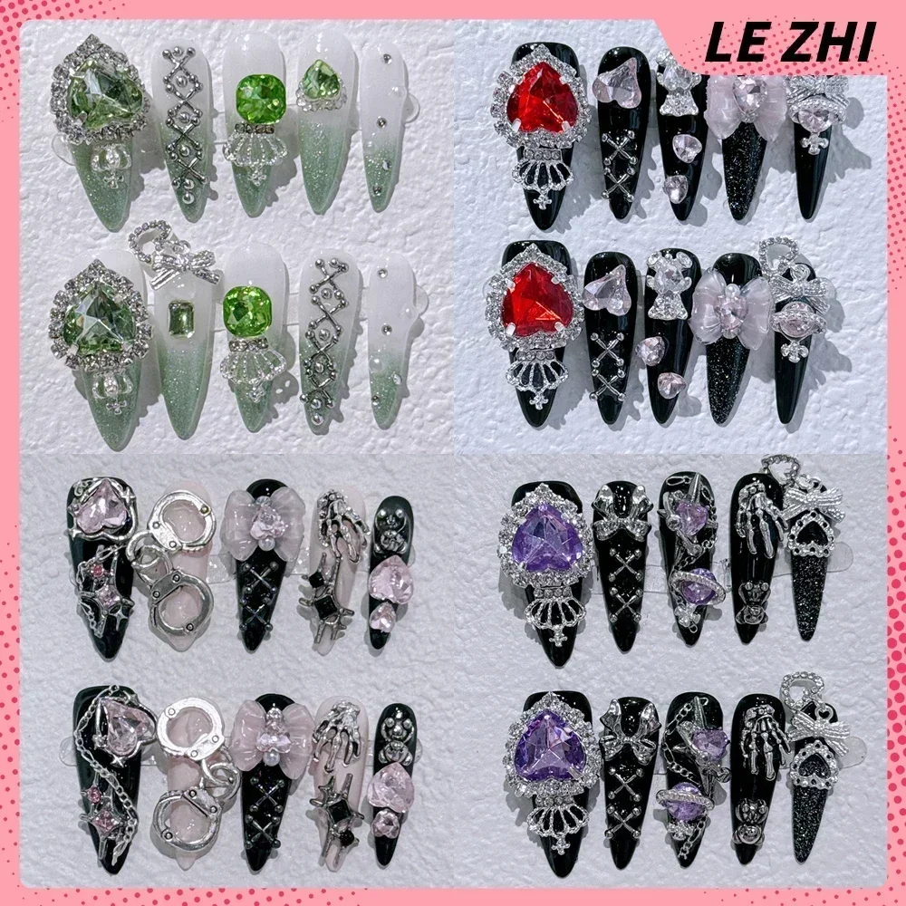 

Nail Party Stickers Summer Punk Long Almond Press On Nails Handmade Acrylic Detachable Full Cover Nail Star Rhinestone Nails