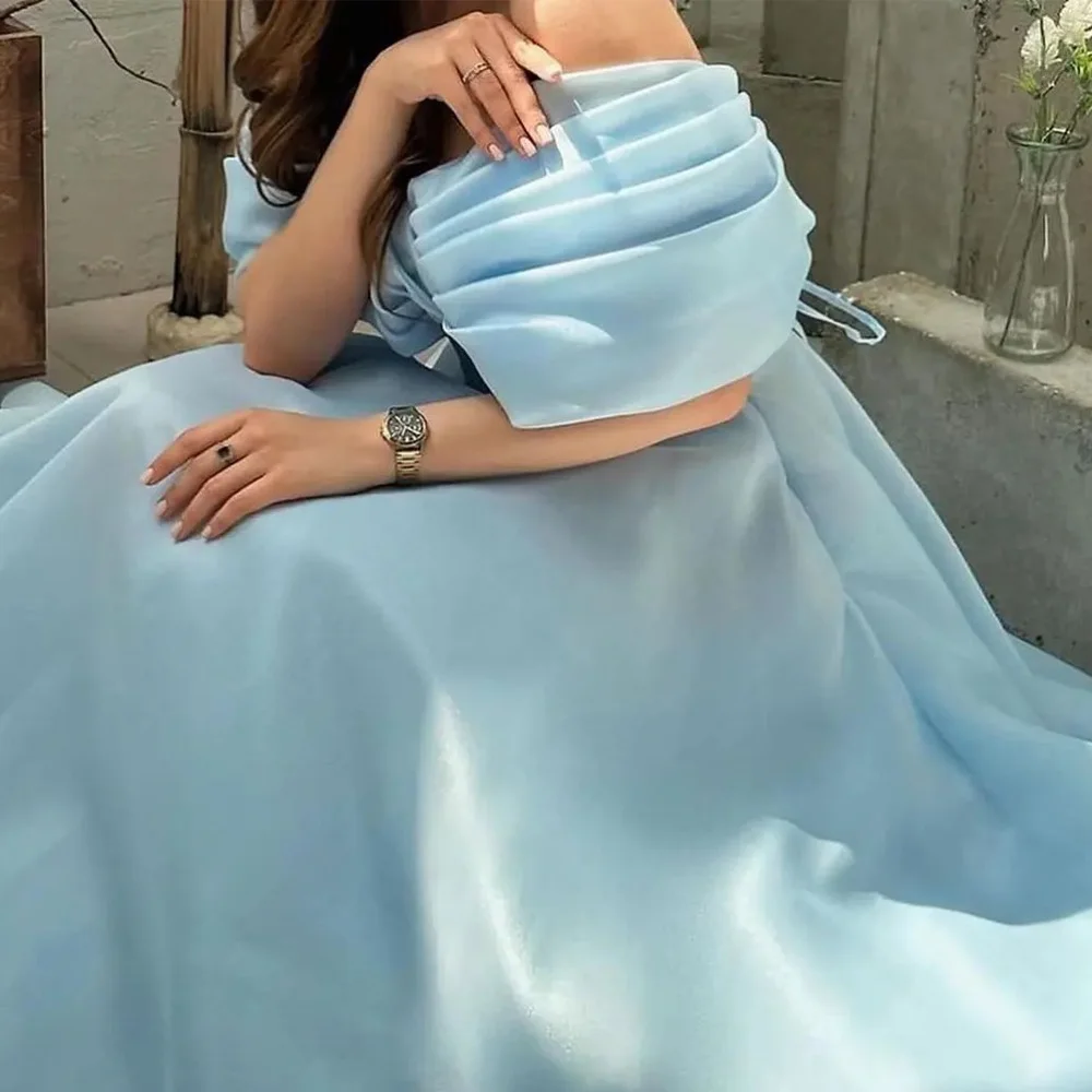 Customized Off the Shoulder Sleeveless Satin Floor Length A-Line Evening Dress Panel Train Lace Up Back Temperament Saudi Arabia