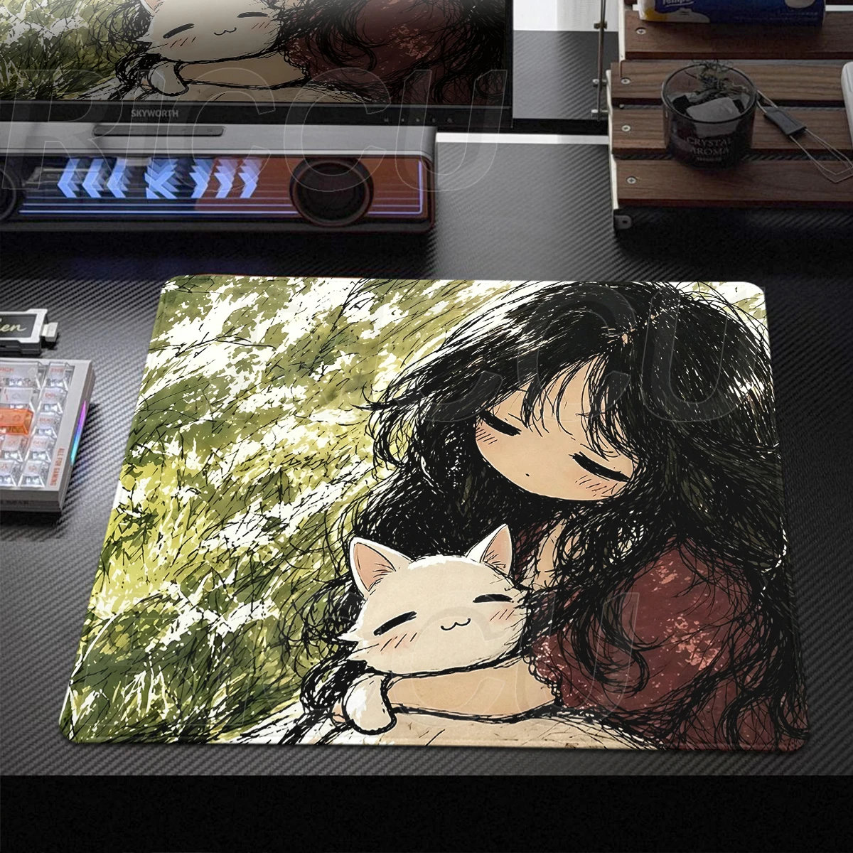 Girls And Cat Cute Mouse Pad Office Accessories Gaming Keyboard Desk Mat XS Portable Mousepad PC Desks Decort Laptop HD Playpad
